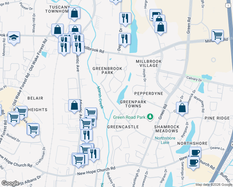 map of restaurants, bars, coffee shops, grocery stores, and more near 4626 Grinding Stone Drive in Raleigh