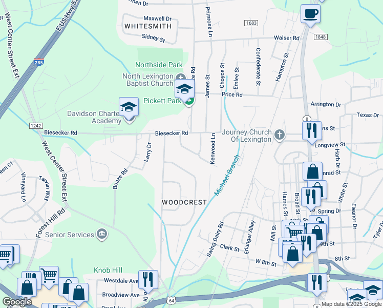 map of restaurants, bars, coffee shops, grocery stores, and more near 110 Willowbrook Circle in Lexington