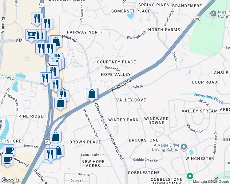 map of restaurants, bars, coffee shops, grocery stores, and more near 4429 James Road in Raleigh