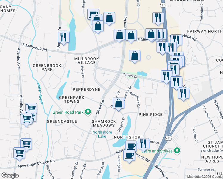 map of restaurants, bars, coffee shops, grocery stores, and more near 4909 Waterbury Road in Raleigh