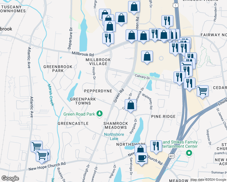 map of restaurants, bars, coffee shops, grocery stores, and more near 4500 Hargrove Road in Raleigh