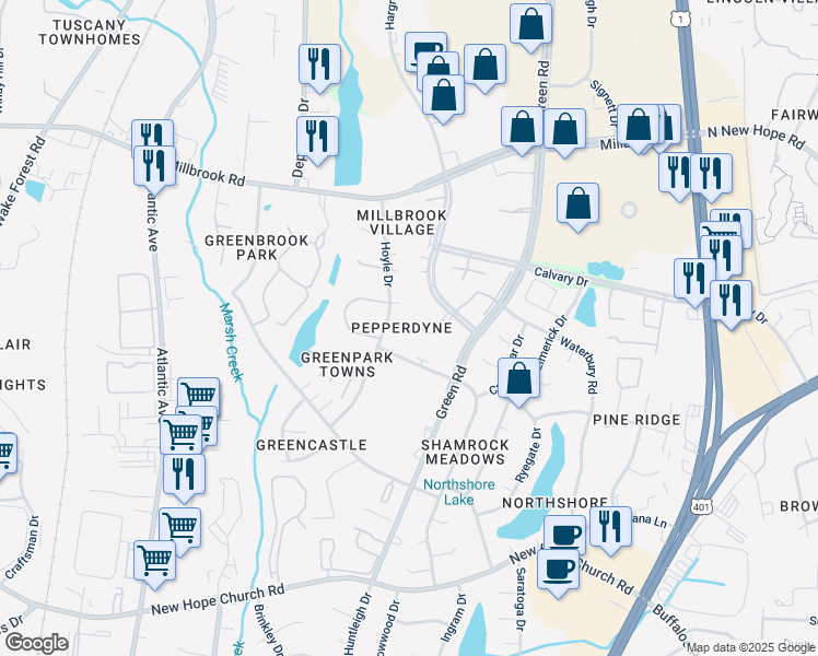 map of restaurants, bars, coffee shops, grocery stores, and more near 4305 Presley Court in Raleigh