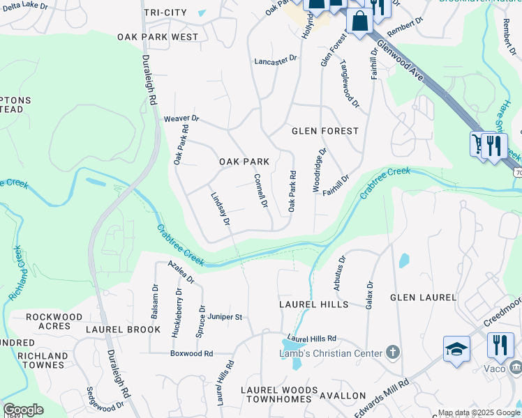 map of restaurants, bars, coffee shops, grocery stores, and more near 4516 Connell Drive in Raleigh