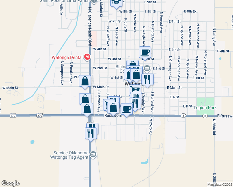 map of restaurants, bars, coffee shops, grocery stores, and more near 217 West Main Street in Watonga