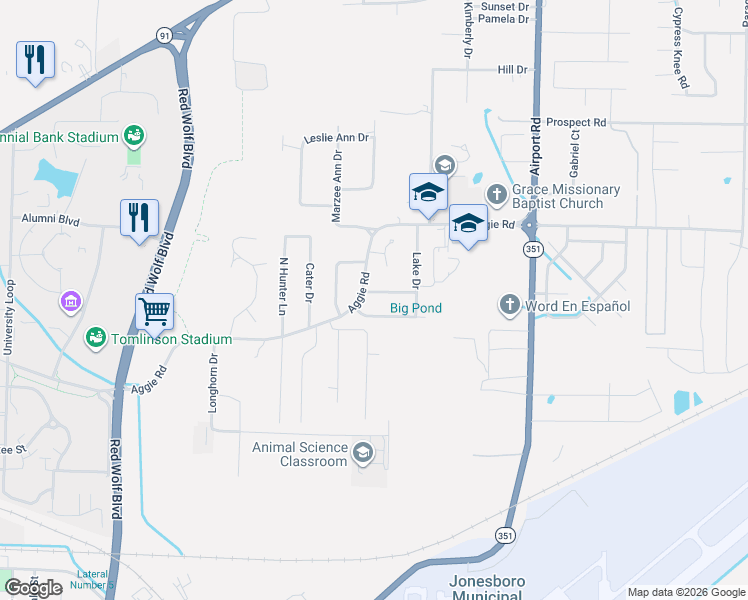 map of restaurants, bars, coffee shops, grocery stores, and more near 3703 Holland Drive in Jonesboro