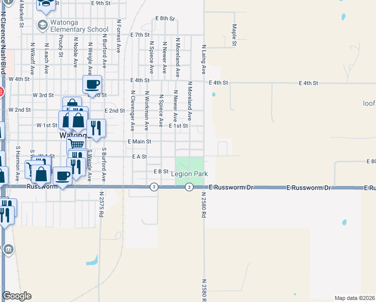 map of restaurants, bars, coffee shops, grocery stores, and more near 910 East Main Street in Watonga