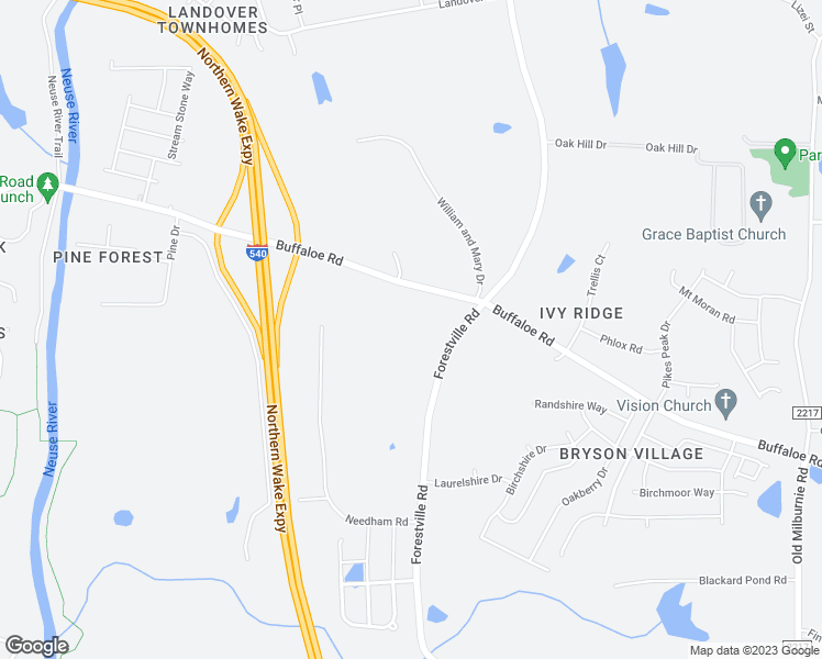 map of restaurants, bars, coffee shops, grocery stores, and more near 5100 Forestville Road in Raleigh