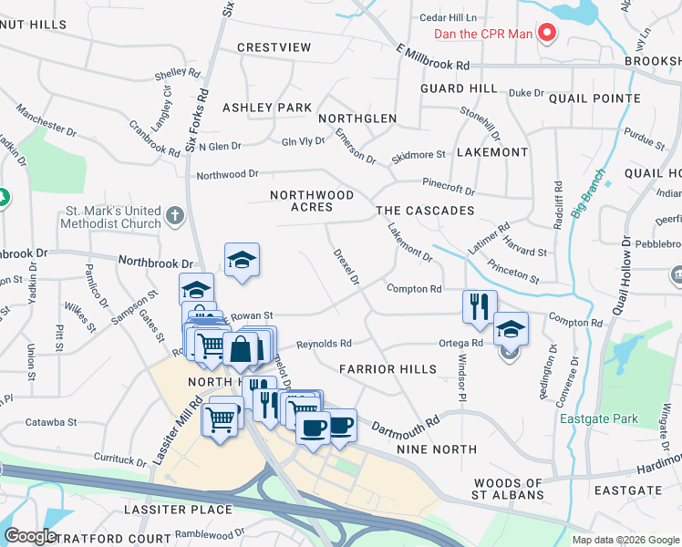 map of restaurants, bars, coffee shops, grocery stores, and more near 4521 Drexel Drive in Raleigh