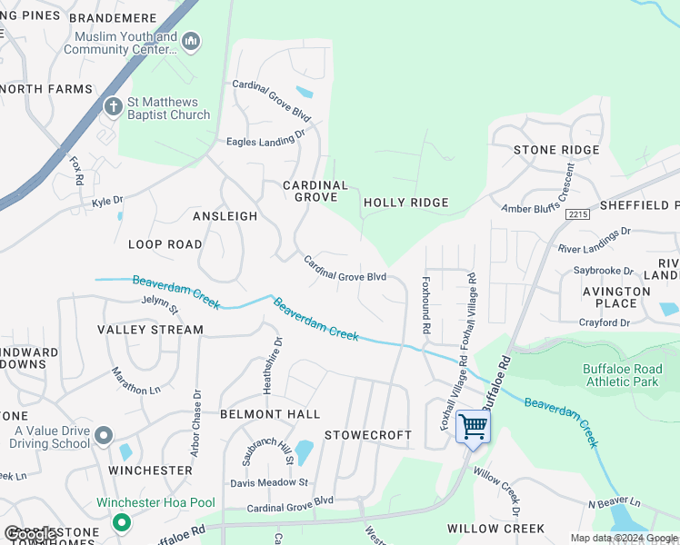 map of restaurants, bars, coffee shops, grocery stores, and more near 4812 Cardinal Grove Boulevard in Raleigh