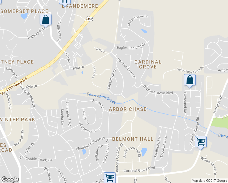 map of restaurants, bars, coffee shops, grocery stores, and more near 4829 Silverdene Street in Raleigh