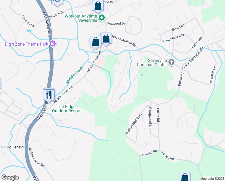 map of restaurants, bars, coffee shops, grocery stores, and more near 1038 Fine Glen Drive in Sevierville