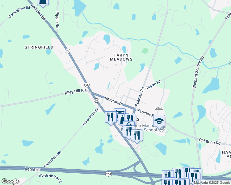 map of restaurants, bars, coffee shops, grocery stores, and more near 3008 Wild Iris Drive in Zebulon