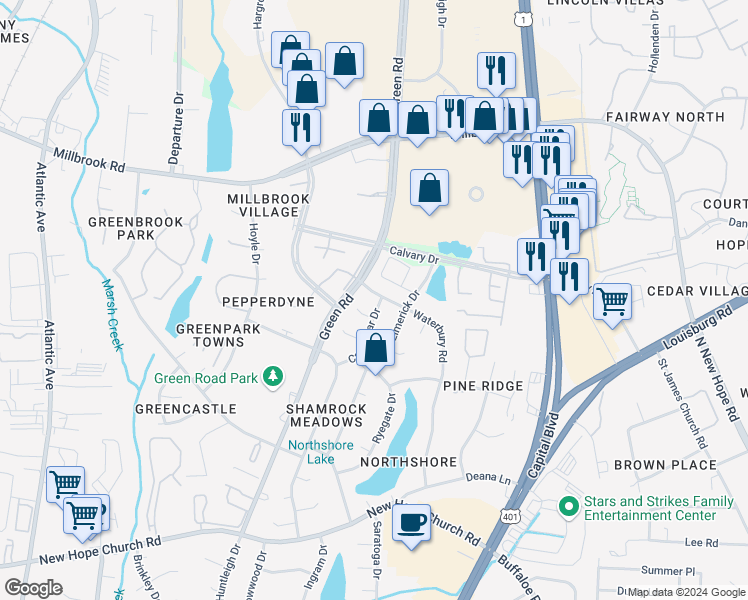 map of restaurants, bars, coffee shops, grocery stores, and more near 4901 Waterbury Road in Raleigh