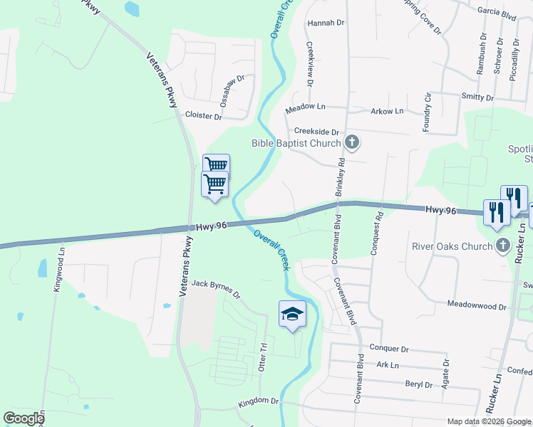 map of restaurants, bars, coffee shops, grocery stores, and more near 5391 Franklin Road in Murfreesboro
