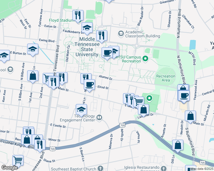 map of restaurants, bars, coffee shops, grocery stores, and more near 203 Womack Lane in Murfreesboro