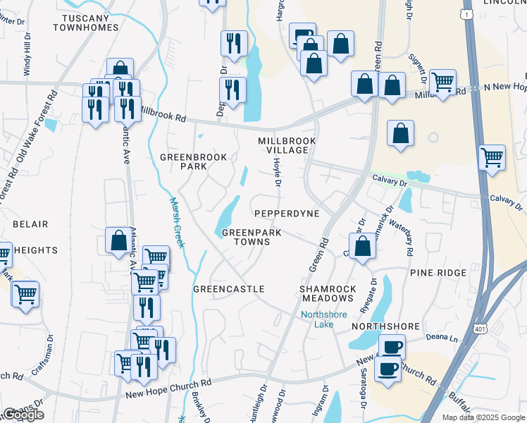 map of restaurants, bars, coffee shops, grocery stores, and more near 4704 Matt Drive in Raleigh