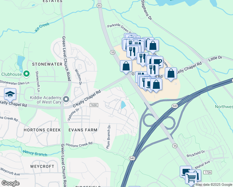 map of restaurants, bars, coffee shops, grocery stores, and more near 7215 O'Kelly Chapel Road in Cary