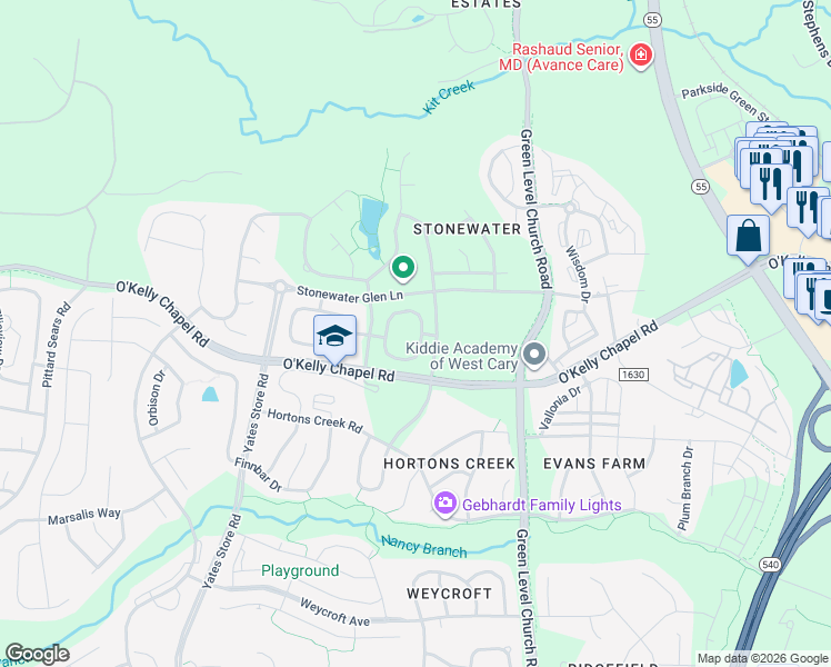 map of restaurants, bars, coffee shops, grocery stores, and more near 402 Panorama Park Place in Cary