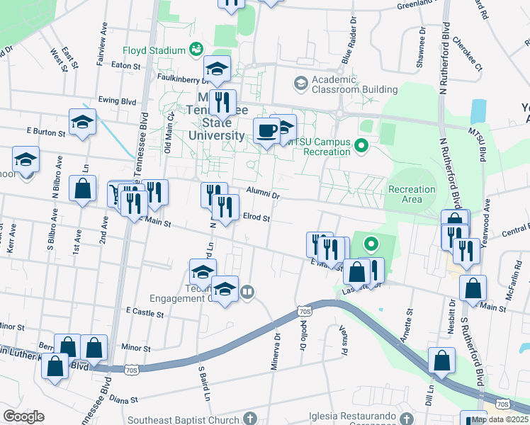 map of restaurants, bars, coffee shops, grocery stores, and more near 203 Womack Lane in Murfreesboro