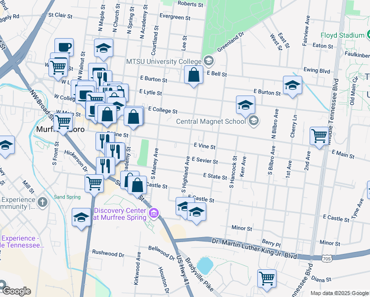 map of restaurants, bars, coffee shops, grocery stores, and more near 450 East Vine Street in Murfreesboro