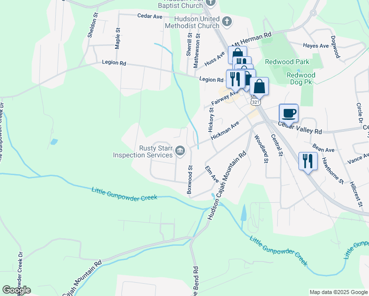 map of restaurants, bars, coffee shops, grocery stores, and more near 579 Boxwood Street in Hudson