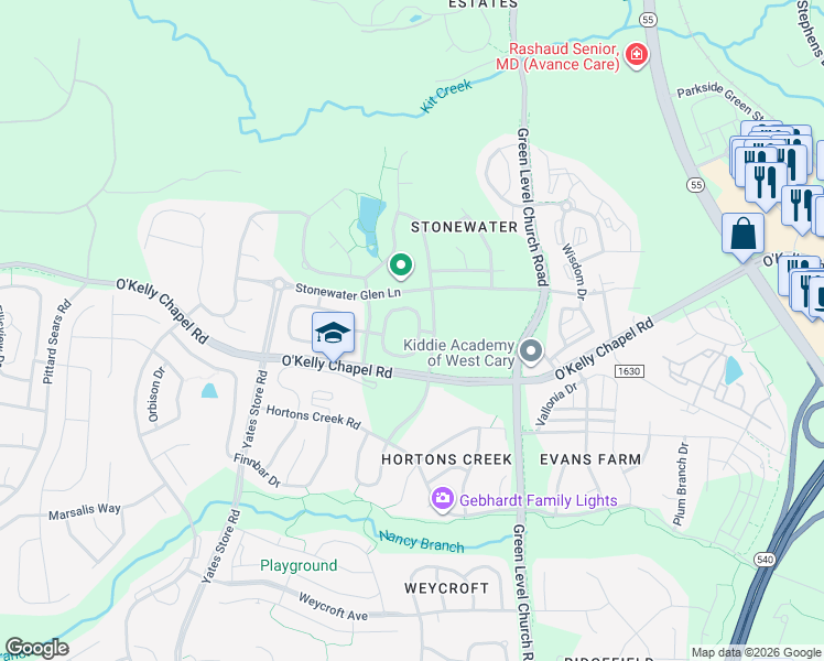 map of restaurants, bars, coffee shops, grocery stores, and more near 402 Panorama Park Place in Cary