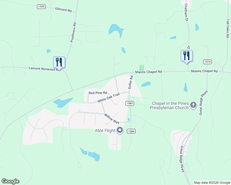 map of restaurants, bars, coffee shops, grocery stores, and more near 15 Winterberry Way in Chapel Hill
