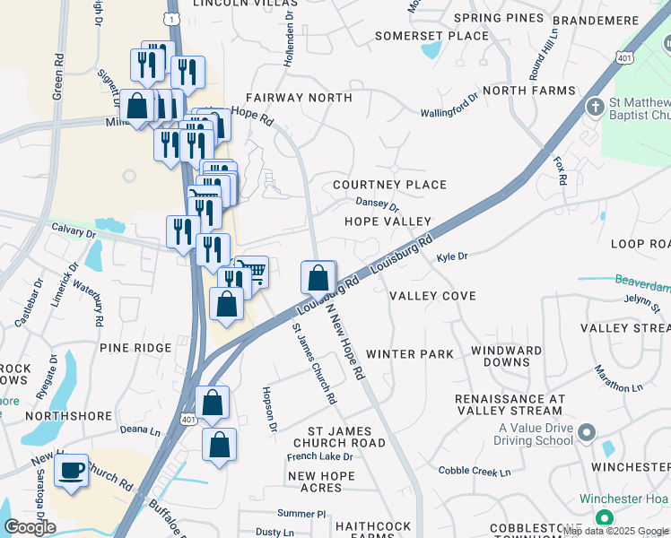 map of restaurants, bars, coffee shops, grocery stores, and more near 4520 North New Hope Road in Raleigh