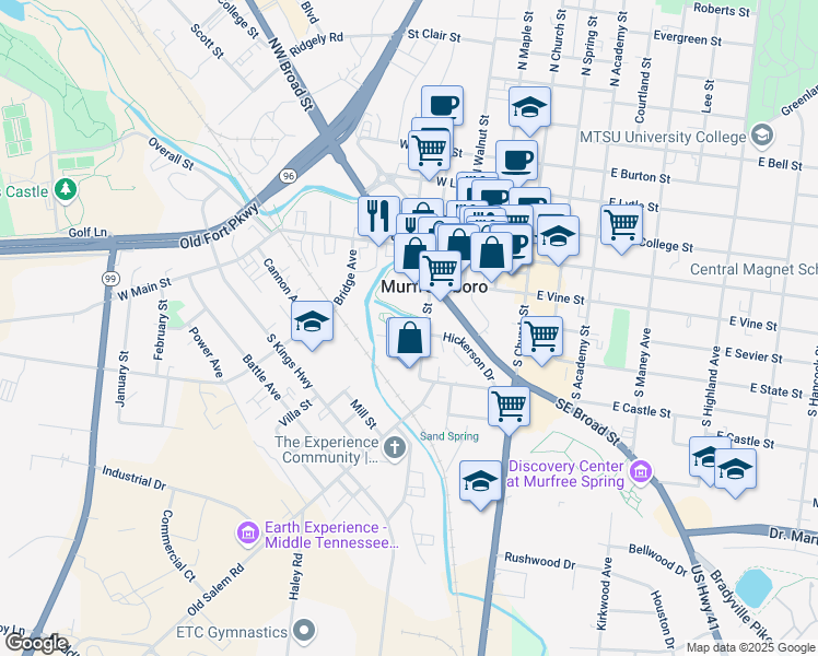 map of restaurants, bars, coffee shops, grocery stores, and more near 312 South Front Street in Murfreesboro