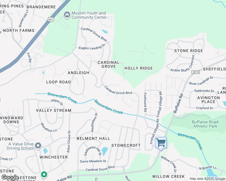 map of restaurants, bars, coffee shops, grocery stores, and more near 4820 Cardinal Grove Boulevard in Raleigh