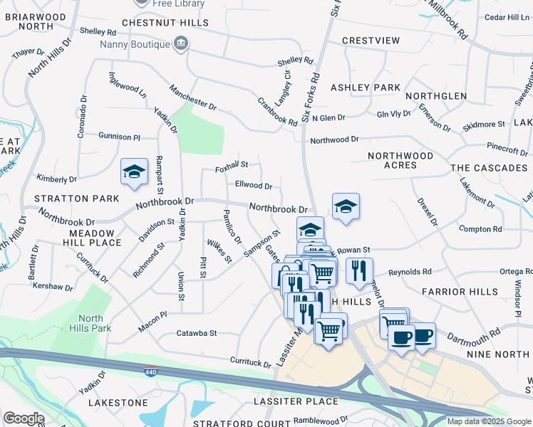 map of restaurants, bars, coffee shops, grocery stores, and more near 301 Northbrook Drive in Raleigh