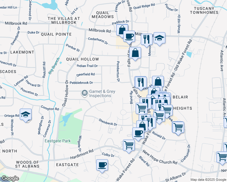 map of restaurants, bars, coffee shops, grocery stores, and more near 1101 Watermark Court in Raleigh