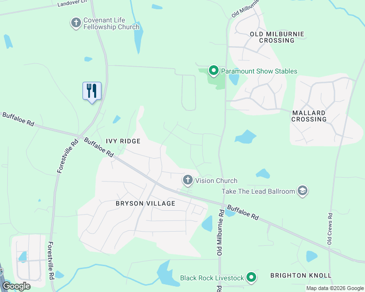 map of restaurants, bars, coffee shops, grocery stores, and more near 3231 Old Milburnie Road in Raleigh