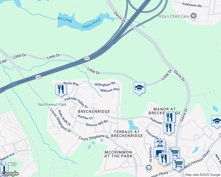map of restaurants, bars, coffee shops, grocery stores, and more near 200 Millicent Way in Morrisville
