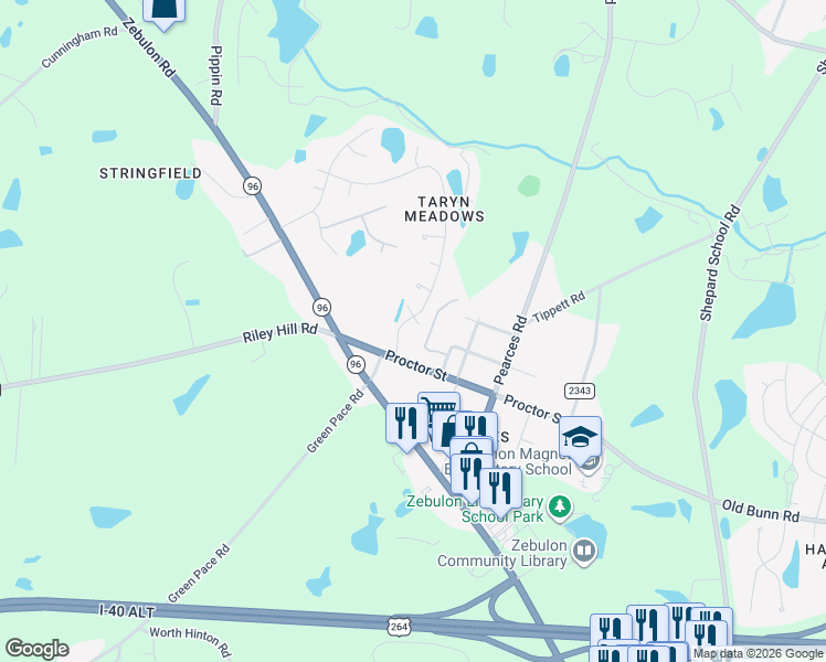 map of restaurants, bars, coffee shops, grocery stores, and more near 3004 Wild Iris Drive in Zebulon
