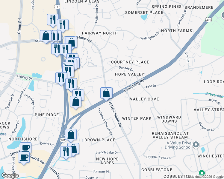 map of restaurants, bars, coffee shops, grocery stores, and more near 4526 North New Hope Road in Raleigh