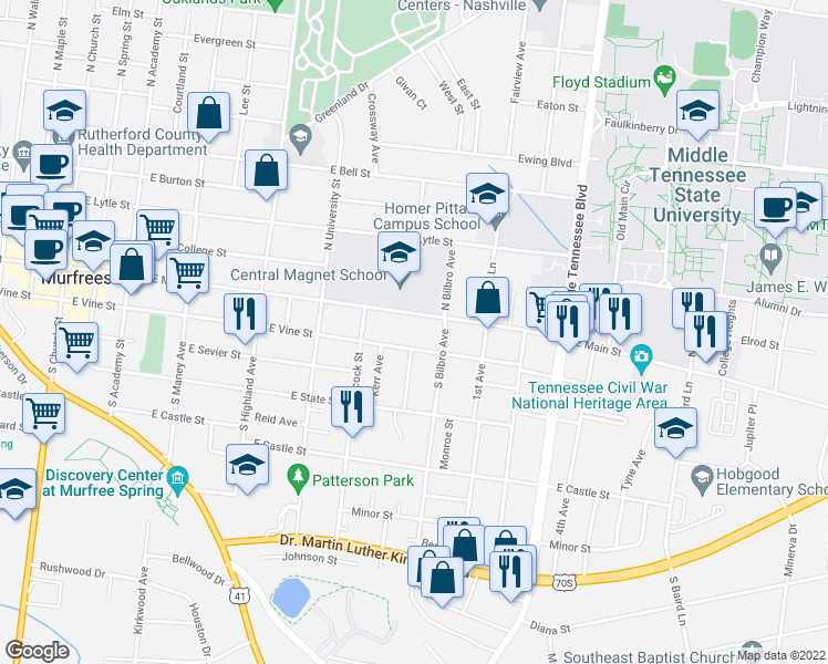 map of restaurants, bars, coffee shops, grocery stores, and more near 816 East Main Street in Murfreesboro