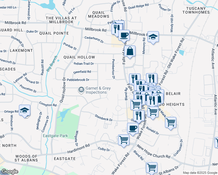 map of restaurants, bars, coffee shops, grocery stores, and more near 1101 Watermark Court in Raleigh