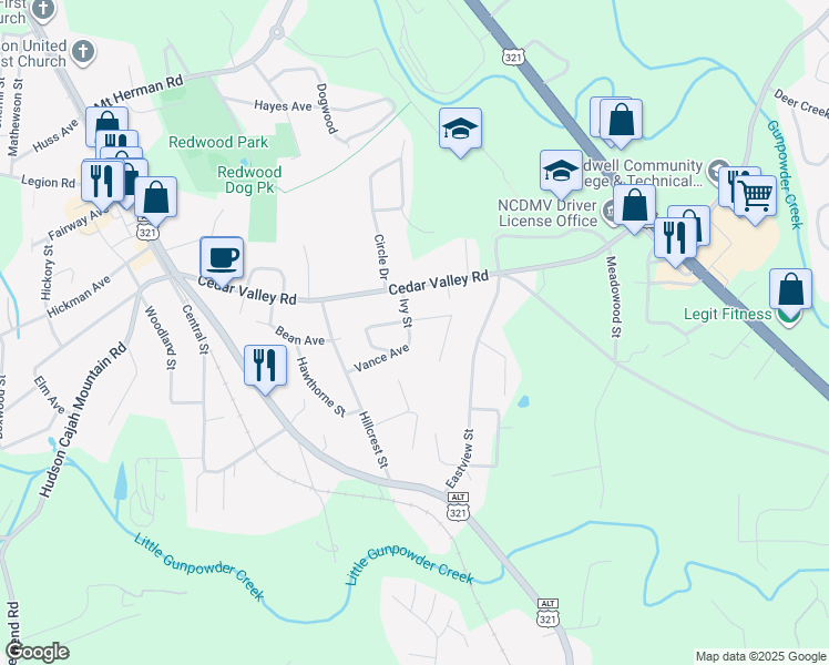 map of restaurants, bars, coffee shops, grocery stores, and more near 617 Ivy Street in Hudson
