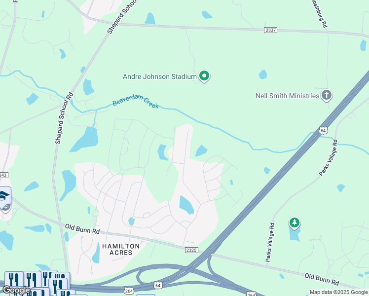 map of restaurants, bars, coffee shops, grocery stores, and more near 244 Rustling Way in Zebulon