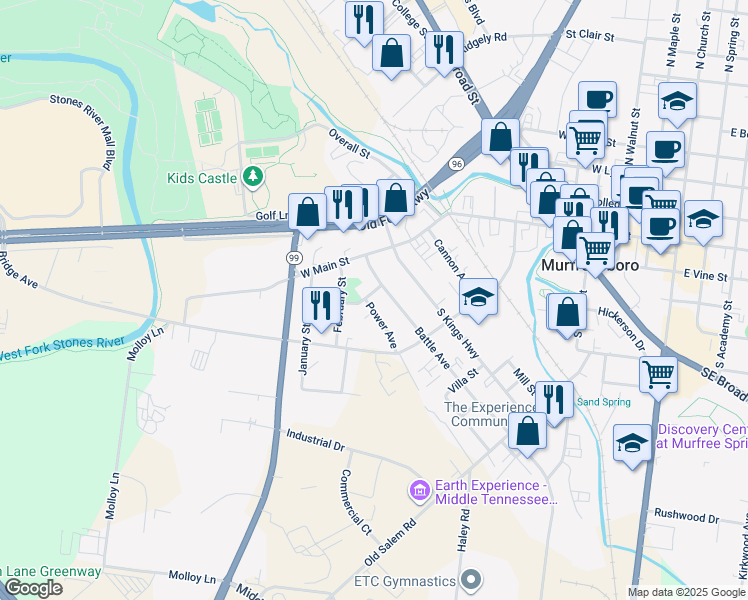 map of restaurants, bars, coffee shops, grocery stores, and more near 905 Smith Street in Murfreesboro