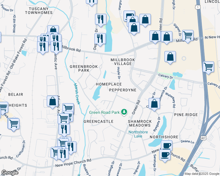 map of restaurants, bars, coffee shops, grocery stores, and more near 4708 Matt Drive in Raleigh