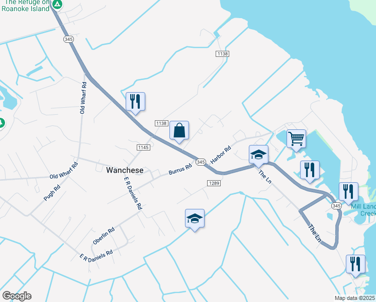 map of restaurants, bars, coffee shops, grocery stores, and more near 3825 Mill Landing Road in Manteo