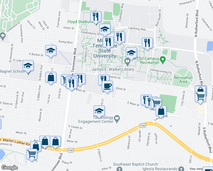 map of restaurants, bars, coffee shops, grocery stores, and more near 200 North Baird Lane in Murfreesboro
