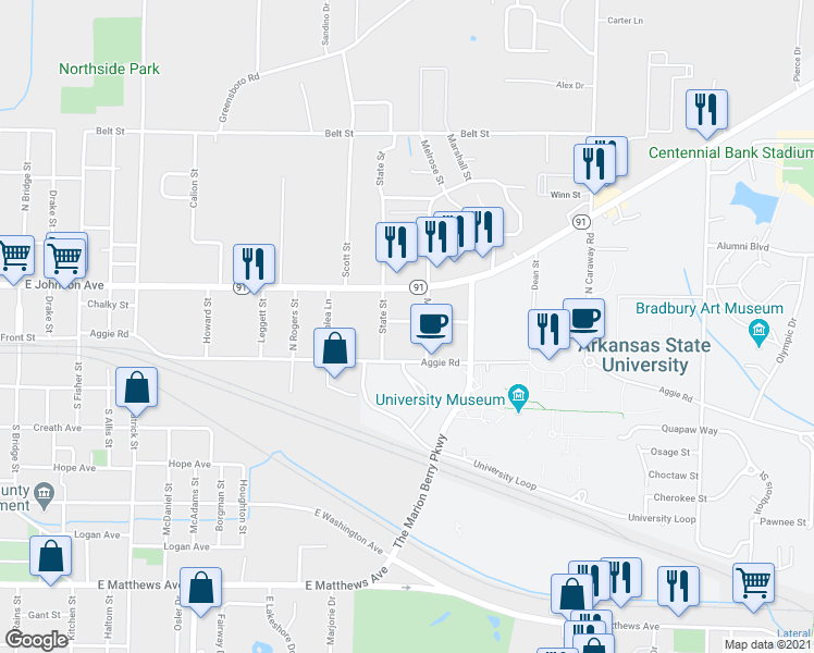 map of restaurants, bars, coffee shops, grocery stores, and more near 1813 Eldridge Street in Jonesboro