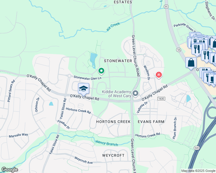 map of restaurants, bars, coffee shops, grocery stores, and more near 573 Panorama Park Place in Cary