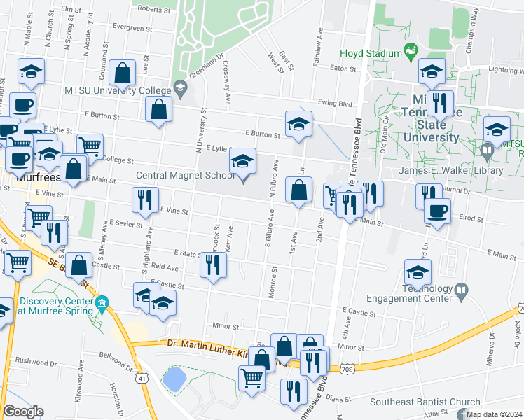 map of restaurants, bars, coffee shops, grocery stores, and more near 816 East Main Street in Murfreesboro