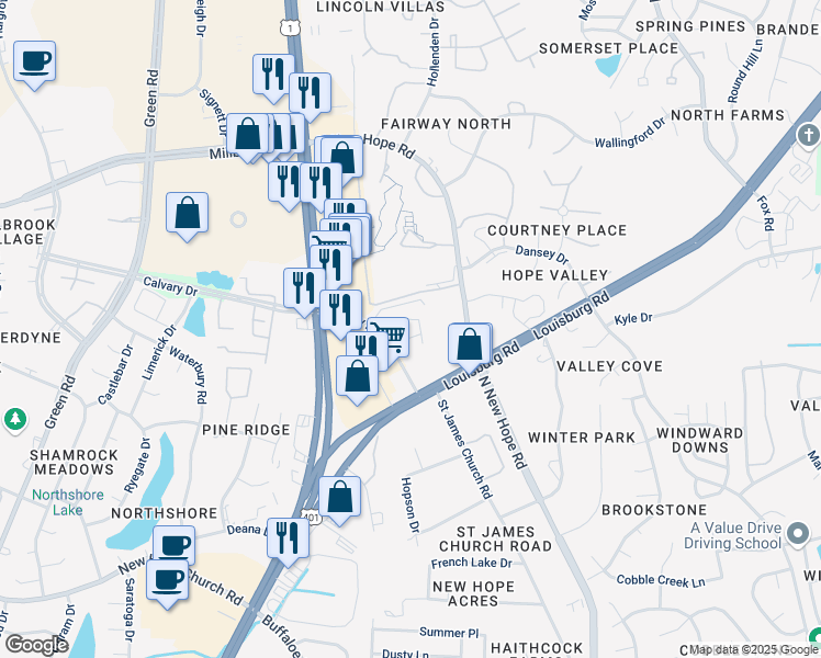 map of restaurants, bars, coffee shops, grocery stores, and more near 3139 Calvary Drive in Raleigh