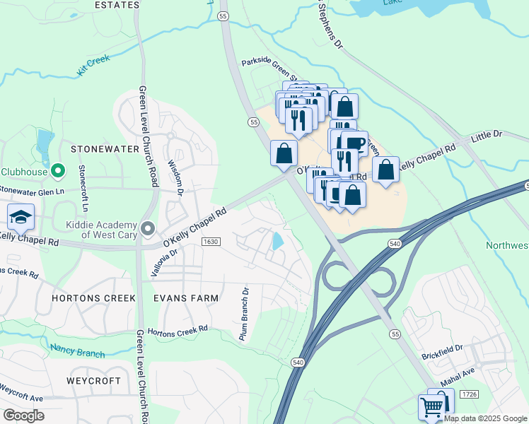 map of restaurants, bars, coffee shops, grocery stores, and more near 7215 O'Kelly Chapel Road in Cary