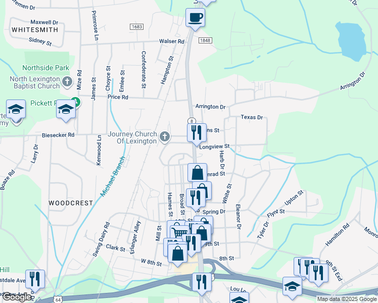 map of restaurants, bars, coffee shops, grocery stores, and more near in Lexington